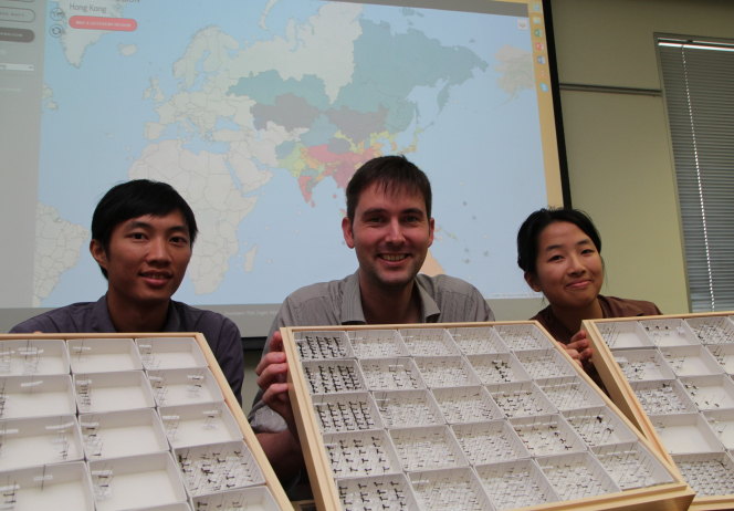 The team of HKU Insect Biodiversity and Biogeography Laboratory introducing the newly launched antmap website they built up with Okinawa Institute of Sciences and Technology (from the left: PhD student Mr Roger Lee, Assistant Professor Dr Benoit Guénard and Research Assistant Miss Ying Luo）.